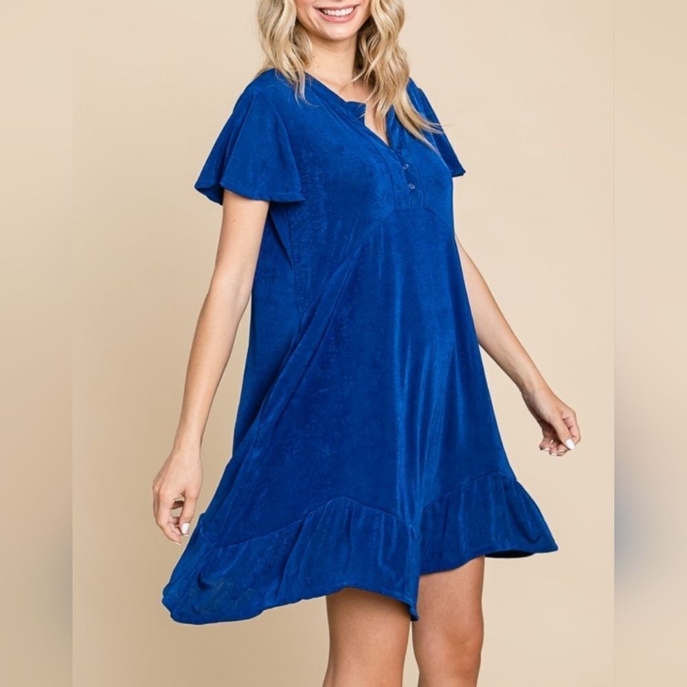 Flutter Sleeve Ruffled Asymmetric Vibrant Blue Flowy Dress